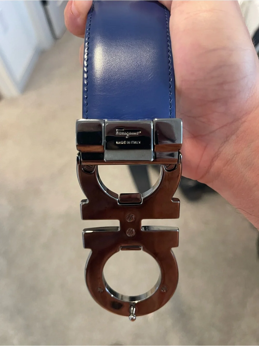 Salvatore Ferragamo Men’s Navy Blue Gancini Leather Belt